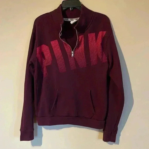 PINK Sweatshirt Women’s Medium Maroon Spellout 1/4 Zip Kangaroo Pouch - Picture 1 of 9